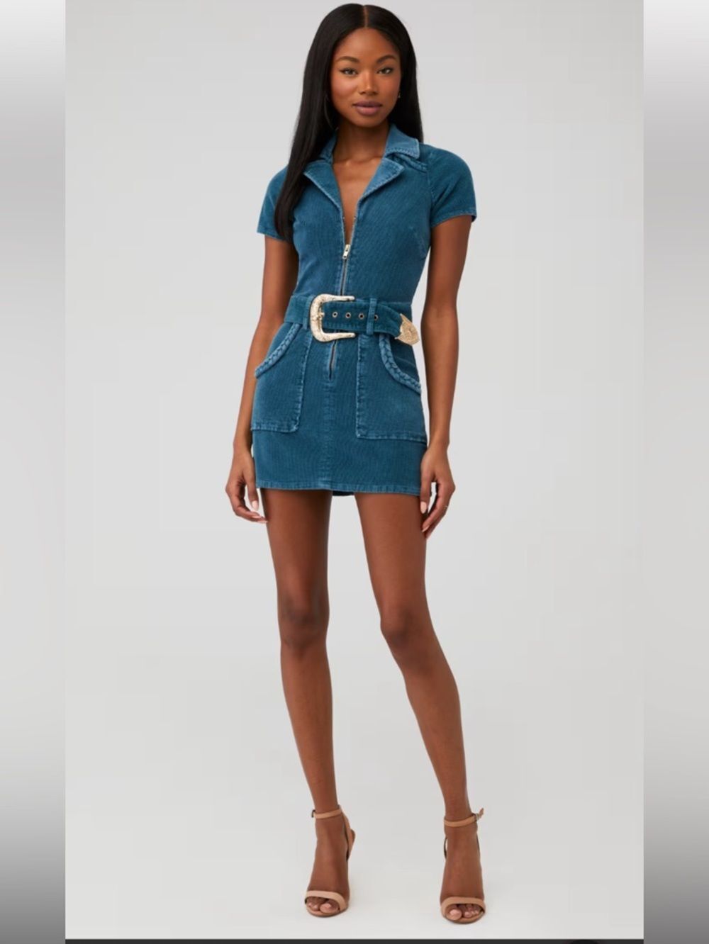 Show Me Your Mumu Women's Outlaw Corduroy Dress in Jade Blue/Teal Large *No Belt